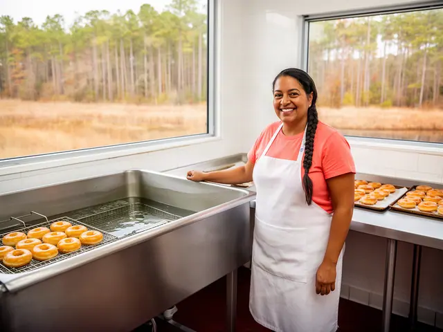 A smiling doughnut maker in a white apron beside a new stainless-steel fryer with racks of glazed doughnuts.
