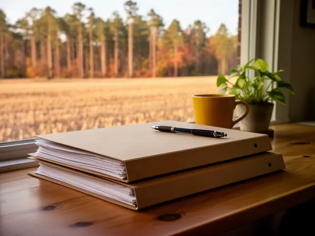 A neat stack of closed manila folders and a pen on a desk by a window.