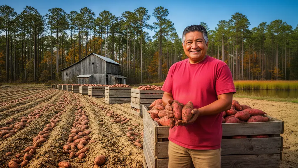 A smiling sweet-potato farmer holding fresh-dug sweet potatoes beside wooden harvest bins under tall longleaf pines.