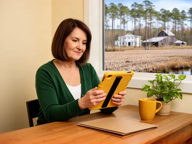 A woman with a chin-length brown bob reviewing a tablet at a desk in a small back office.