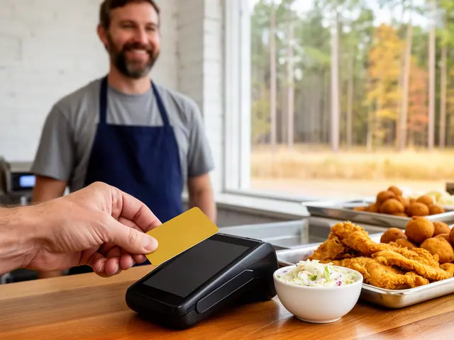 A customer taps a gold card on a counter terminal at a fried-chicken restaurant with hushpuppies.