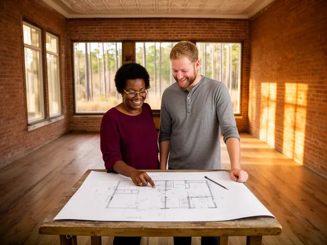 Two business partners looking over a pencil floor sketch in an empty storefront.