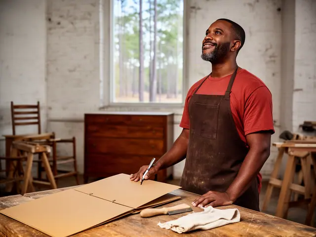 A smiling chair maker in a leather apron at a workbench with a closed folder and chair parts behind.